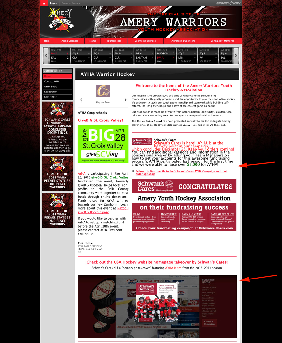 Amery Youth Hockey Website Front Page