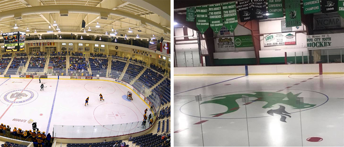 Ralph Engelstad Arena in Thief River Falls (left) and Pine City's Civic Center (right).