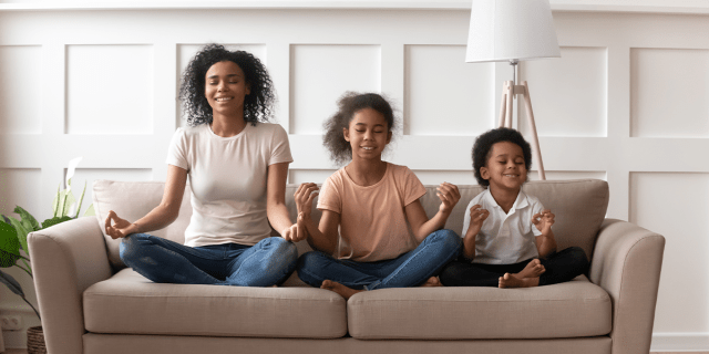 mom and kids on couch