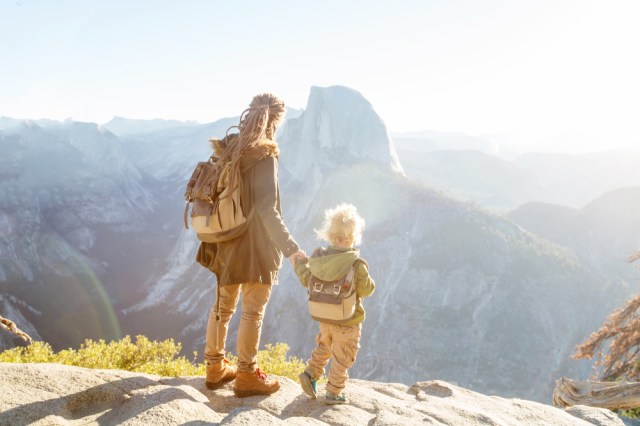 Mother with son visit Yosemite national park in California