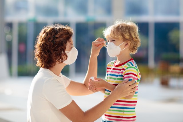 mom and son wearing mask
