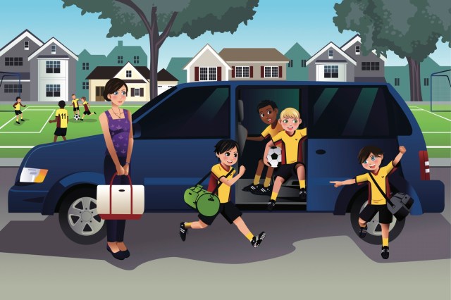 A vector illustration of mother driving her kids and their friends to soccer practice