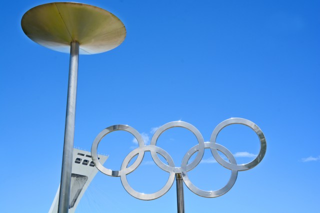 Olympic Stadium tower, cauldron and olympic rings
