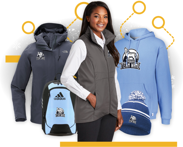 Winter team apparel and accessories with woman in winter vest